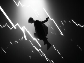 A silhouetted figure leaps gracefully through a dark space with bright zigzag patterns