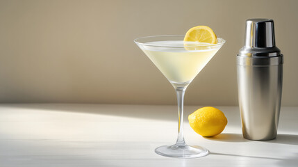 Elegant martini glass with lemon garnish beside cocktail shaker  