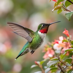 Fototapeta premium Hummingbird flying and perching on branch and flower in nature