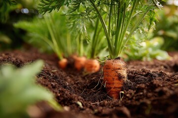 Close-up of freshly grown carrots in dark soil, vibrant green foliage emerges from the earth, showcasing the healthy orange roots