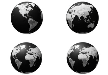 Four globes showing continents, isolated on transparent background