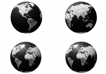 Four globes showing continents, isolated on transparent background