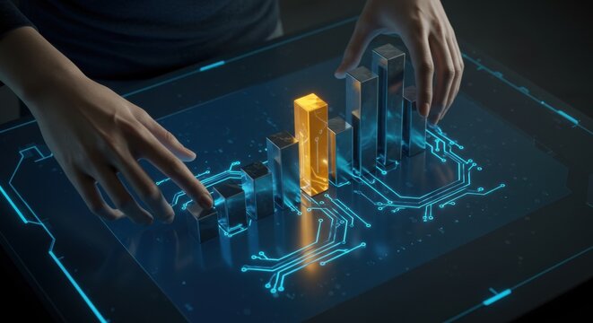 A woman's hands interact with a 3d bar chart on a futuristic transparent screen with circuit board elements. Data analysis and business growth concept.