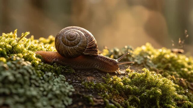 A small brown snail with a spiral shell slowly crawls over vibrant green moss in a forest during a magical sunset creating a beautiful and peaceful scene