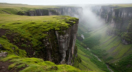 Dramatic canyon with green mossy cliffs and a misty valley