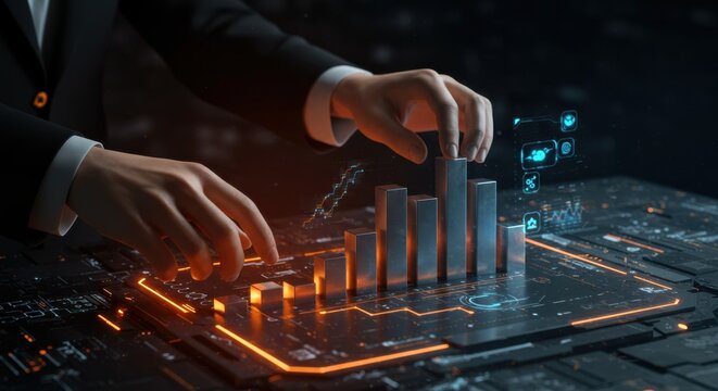 Man in suit adjusting a 3D bar graph. Business growth and financial analytics concept, data visualization for market strategy.
