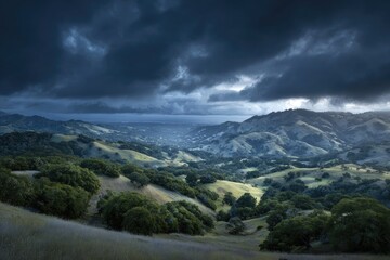 Dramatic mountain vista under stormy clouds