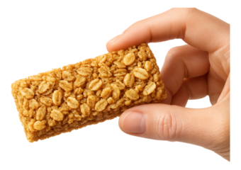 A hand grasps a crunchy granola bar, oats and nuts visibly packed together.