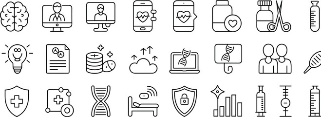 Medical and healthcare icons including brain D N A and medical equipment science