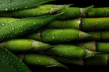 Close-up of lush green bamboo stalks and leaves, glistening with water droplets against a dark background