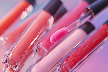 Close-up of multiple lip gloss tubes in various pastel pink shades, one with applicator in focus, on a reflective surface under soft, diffused lighting
