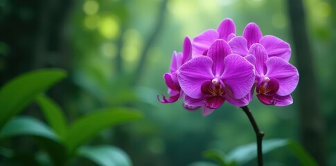 Fototapeta premium Deep purple orchid cluster, rainforest canopy backdrop, photography, jungle, nature