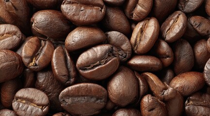 Naklejka premium Close-up of numerous dark brown roasted coffee beans, exhibiting a rich, textured surface and subtle variations in shade and form