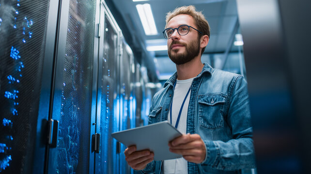 Smiling Male IT Technician Using Digital Tablet in Modern Data Center with Server Racks