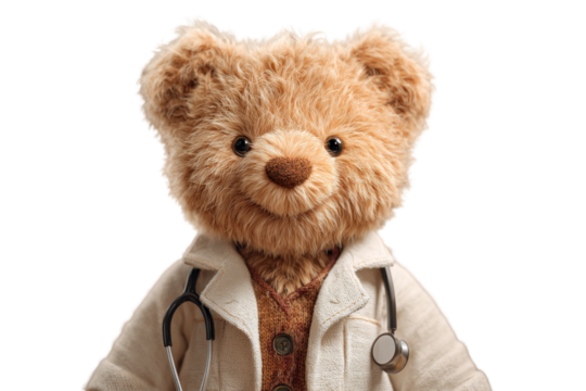 Cute Teddy Bear in White Doctor’s Coat with Stethoscope Around Neck, Front View, Transparent Background