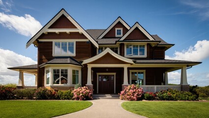 Large Brown Wooden House with Gabled Roof and Landscaping