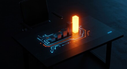 Illuminated bar financial graph on desk with glowing circuit lines. Digital business growth and data analysis. Concept of futuristic technology.