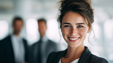 Obraz premium Close Up of Cheerful Woman in Bright Indoor Corporate Setting 