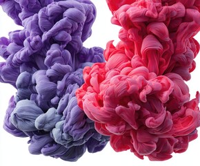 Abstract ink swirling, vibrant purple and pink hues against white background