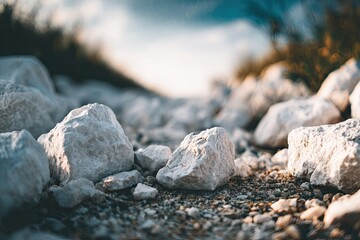 Close-up of numerous off-white, irregularly shaped rocks scattered on a dirt path, shallow depth of field, sunlit background