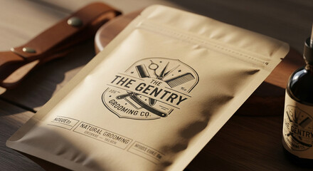 Modern grooming brand packaging with vintage barber tools on kraft paper bag shows elegance and style