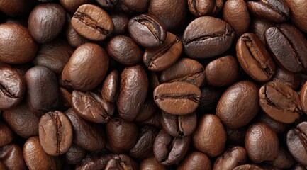 Naklejka premium Close-up of numerous roasted coffee beans, displaying rich brown tones and variations in shape and size, filling the frame completely