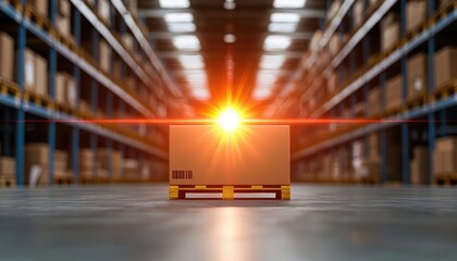 cargo management tracking network. Futuristic warehouse with holographic overlays showing tracking data synced with a global logistics network