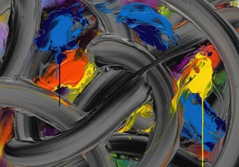 Dynamic Interplay of Colors and Forms in a Textured Abstract Painting