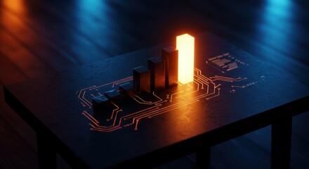 Bar chart with glowing column and circuit patterns. Business growth and financial success concept in digital technology.