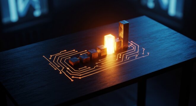 Digital bar graph with glowing circuit lines. Financial data visualization for stock market analysis and business growth concept.