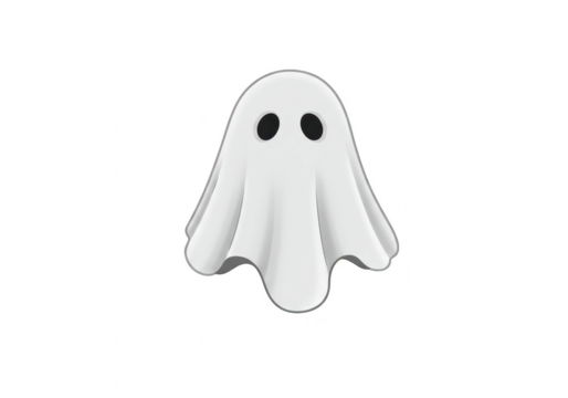 Cute cartoon ghost character with black eyes, isolated on transparent background