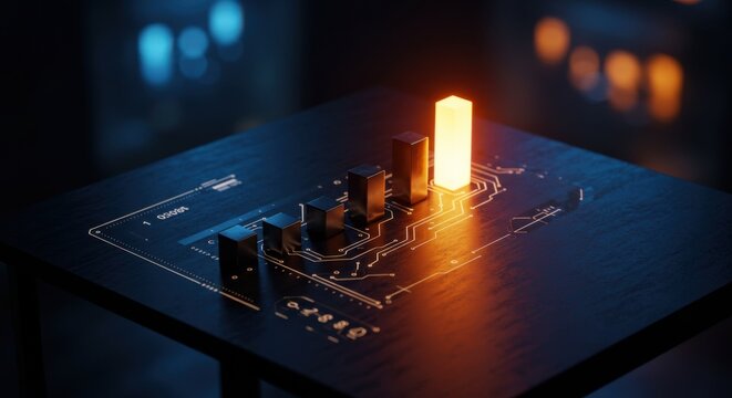 Digital bar graph with one glowing orange bar on a circuit board, symbolizing business growth and data analysis. Technology concept.