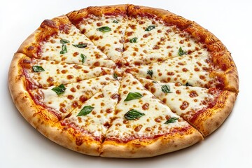 A perfectly baked cheese pizza, sliced into eight triangular portions, adorned with fresh basil leaves, sits on a stark white background.  The cheese is melted and bubbly, the crust golden brown