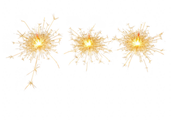 Three sparklers burning with bright golden sparks on transparent background
