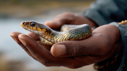 Fototapeta premium close-up shot of a handler holding a snake shiny scales catch and reflect light vividly toward the camera