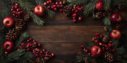 The festive arrangement of apples and pinecones in a natural wreath.