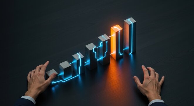 Man using hands with an abstract bar graph featuring glowing lines, depicting business growth and technological connection with progress.
