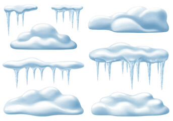Collection of snow drifts and icicles for winter design elements isolated on transparent background
