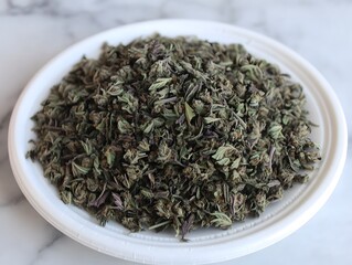 Fototapeta premium Dried Cannabis Leaves and Buds on White Plate