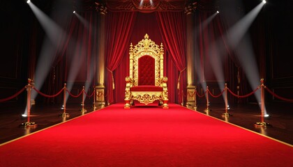 A grand golden throne sits on a red carpet under dramatic lighting