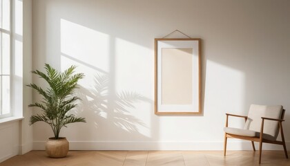 Minimalist room interior with framed artwork and armchair