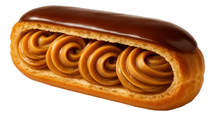 Eclair sliced lengthwise to reveal caramel cream swirls.