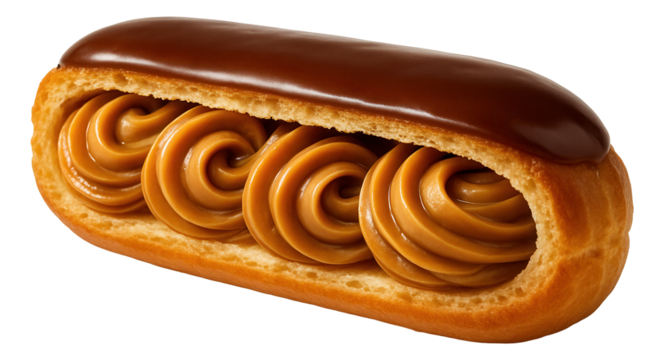 Eclair sliced lengthwise to reveal caramel cream swirls.