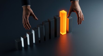 Investor with a man's hands protecting and guiding a glowing financial bar on a chart. Data analysis and business strategy.