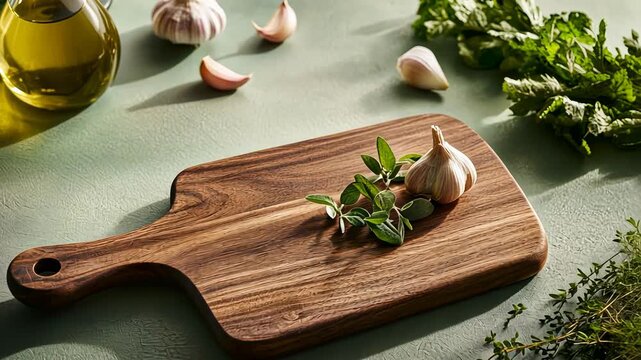 Rustic wooden cutting board with fresh garlic and herbs on a kitchen counter