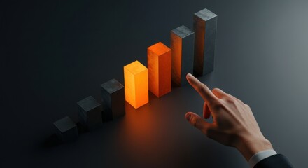 Man's hand pointing at a bar graph with glowing orange bars showing growth. Data visualization concept for future success.