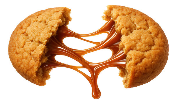 Cookie broken in two, caramel strands stretching in between.