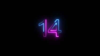 A dynamic glowing neon number 14 illustration . on a black background. and creating a stunning illustration .4k illustration .	