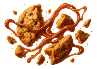 Cookie shards with caramel tendrils linking the fragments.