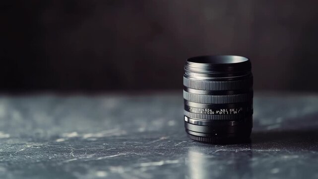 Black camera lens on marbled surface against dark background